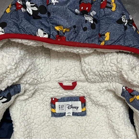 GAP Kids Puffer Jacket in Heather Blue with Mickey Mouse Print and Red Trim - Picture 2 of 3